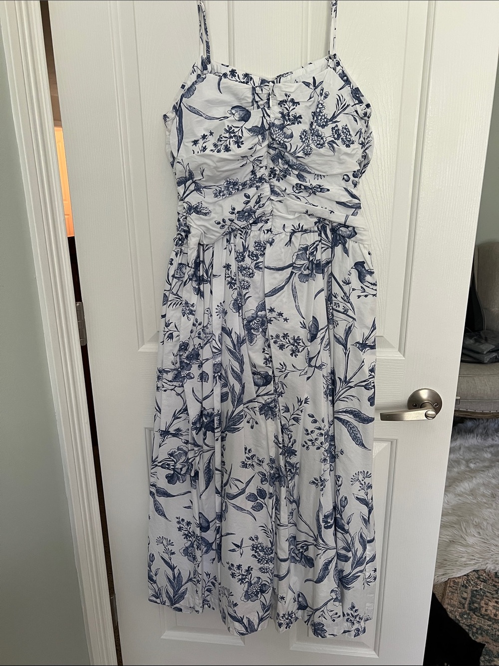 LOFT White Midi Dress with Navy Floral Print and Spaghetti Straps - Picture 3 of 3
